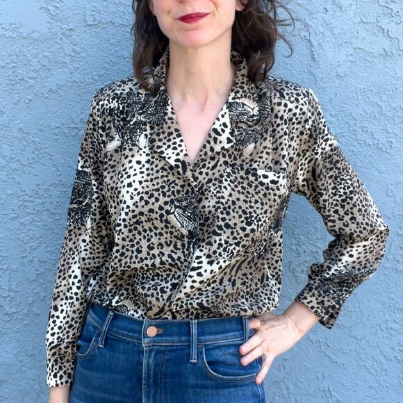 Vintage Cheetah Print Blouse Size petite large or medium 90s office siren top - Picture 1 of 9